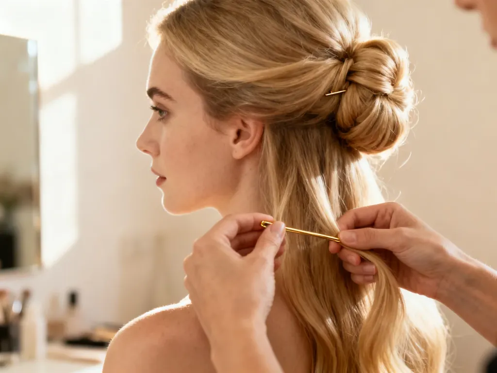 Kobieta upinająca długie blond włosy złotą wsuwką, tworząca elegancką fryzurę w jasnym, minimalistycznym wnętrzu.