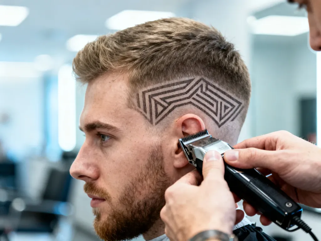 Fryzjer precyzyjnie wycina geometryczny wzór na boku krótkiej fryzury mężczyzny w nowoczesnym salonie fryzjerskim.